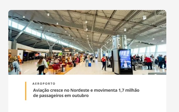 Aviação cresce no Nordeste e movimenta 1,7 milhão de passageiros em outubro