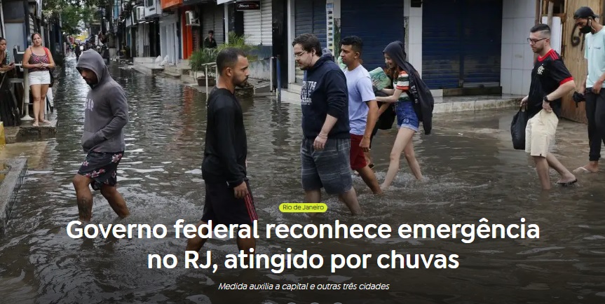 Governo federal reconhece emergência no Rio por causa das chuvas